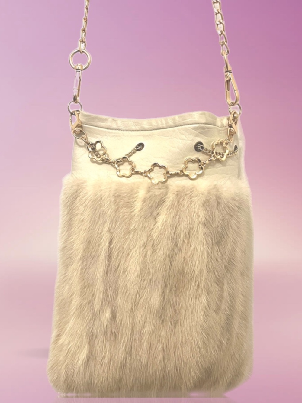 Genuine White Mink and leather handmade bag